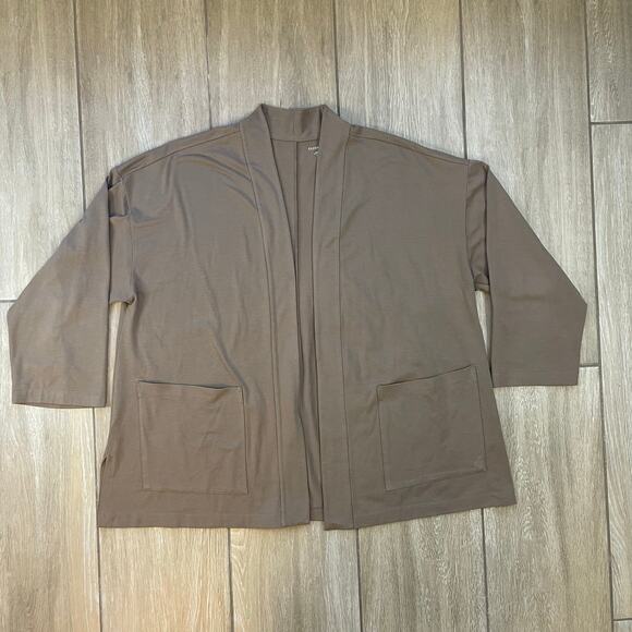 Eileen Fisher Organic Cotton Open Front Cardigan XL Taupe Lightweight Pockets - Picture 1 of 8